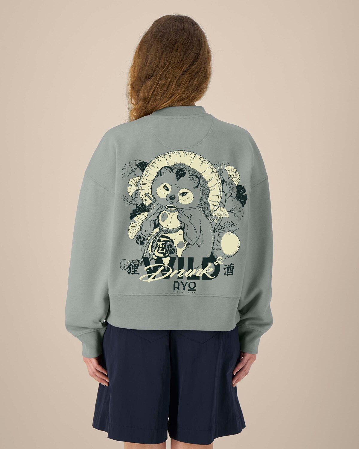 Back view of the Tanuki - Wild & Drunk Sweatshirt by RYO Silent Echo